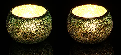 Etroves 2.2 Inch Mosaic Glass Tealight Candle Holder Round Bowl Night Light Holders Handmade For Home Decor/Party Decorations (Green Set Of 2) #TOP1