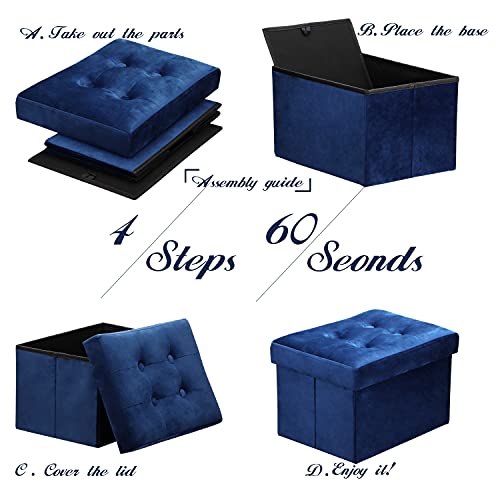 Linmagco Small Velvet Ottoman With Storage | Rectangle Ottoman Foot Rest Under Desk Stool For Room Folding Ottoman Furniture With Button Turfted-Navy 16X12X12In #TOP4