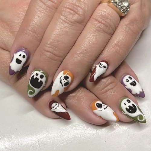 Vopintpy Funny Ghost Press on Nails Long Almond Halloween Fake Nails Glossy Acrylic Glue on Nails Day of the Dead Reusable Stick on Nails for Women DIY Manicure