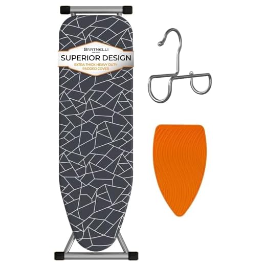 Bartnelli Compact Ironing Board 13x43 Iron Surface Patent Folding System with Adjustable Height, 4 Layered Cover and Pad, Hanger, Iron Mat