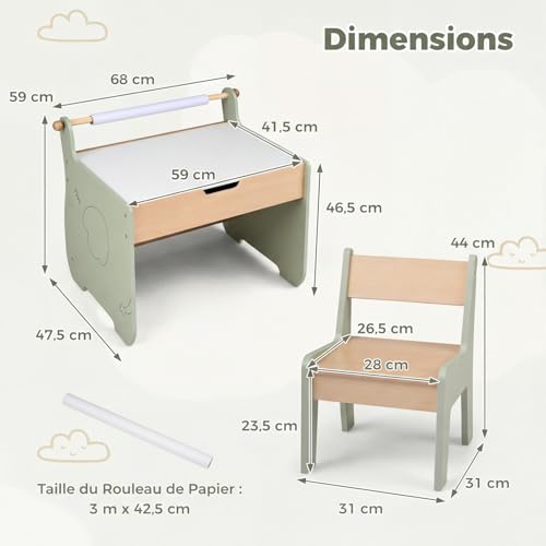 Table enfant 4 en 1 en bois avec chaise éléphant et tableau