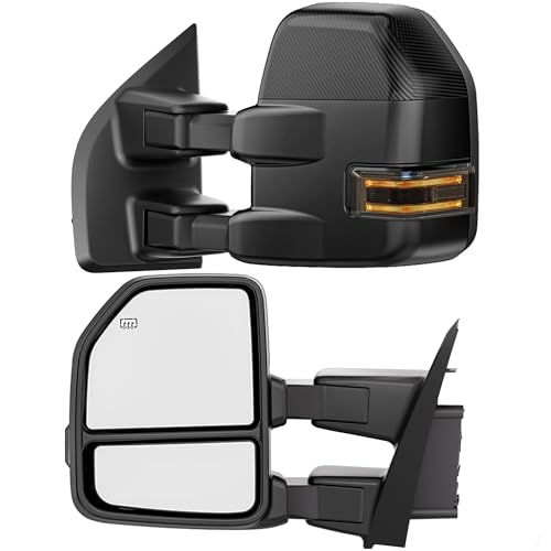 Image of WHALEMOTOR Smoked Power Heated Tow Mirrors Compatible with 2015-2020 Ford F150 F-150, Extended Trailer Towing Side Mirrors w /LED Turn Signal & Ambient Temp Sensor(for 2019+), Carbon Fiber Grey Housing