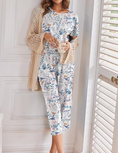 Image of Ekouaer 2 Pack Womens Pajamas Sets Short Sleeve Tops and Capri Pants Pjs Colorful Printed Sleepwear Sets
