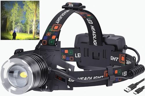 LED Rechargeable Headlamp, 99,000 Lumens Head Lamps (Include Βattery) Super Bright Long Distance Headlamps with 5 Mode Waterproof, 90° Adjustable Head Lights for Forehead Adults Outdoor Camping