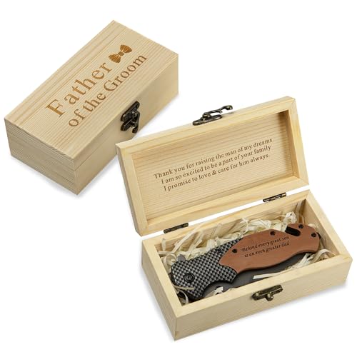 IUZOE Father of the Groom Gift from Bride – Personalized Engraved Pocket Knife with Wooden Box – Wedding Gift for Father-in-Law from Bride