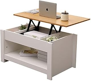Homemade Design Wooden Coffee Table with Lift Up Top and Shelves 85cm Wide for Living Room,Office, Storage Side Table (white+oak)