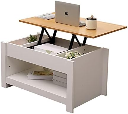 Homemade Design Wooden Coffee Table with Lift Up Top and Shelves 85cm Wide for Living Room,Office, Storage Side Table (white+oak)