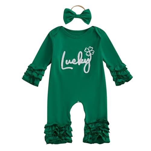 Fuethsuy Baby Girl St Patricks Day Clothes Lucky Embroidery Long Sleeve Romper One Piece Jumpsuit Bodysuit Headband Outfit (Green, 3-6 Months)
