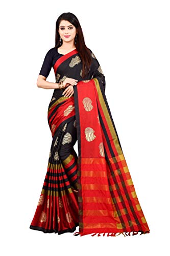 Image of OM SAI LATEST CREATION Soft Cotton & Silk Saree For Women Half Under 349 2020 Beautiful For Women saree free size with blouse piece (Black)
