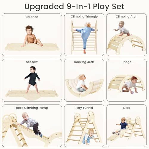Image of ElegantCrafts Pikler Triangle Set with Cushion, Montessori Climbing Set, Indoor Climb Toys, Indoor Playground Jungle Gyms, 9 Combinations Climbing Toy Set for Toddler, Baby, Kids 1-4