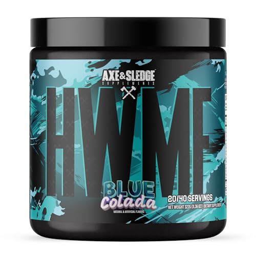 Axe & Sledge HWMF High Stim Pre-Workout Powder | 400mg Caffeine | Pre-Workout for Men & Women with Citrulline Beta Alanine & Alpha GPC - Energy Pump & Focus | High Stim | 20/40 Servings Blue Colada