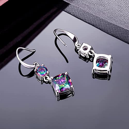 Rainbow CZ Dangle Earrings for Women|5mm Round & 8mm Cushion Created Mystic Topaz Fishook Earrings |18K White Gold Plated Hypoallergenic Jewelry Gift by VOLUKA - Image 6