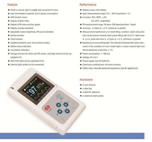 BLUEZY Tragbares Veterinär-Pulsfrequenzmessgerät, Veterinär-Pulsoximeter Mit Sonde Und USB-Kabel, Speicher- Und Wiedergabefunktion, Pulsfrequenzmessgerät Für Katzen/Hunde, Für Zuhause