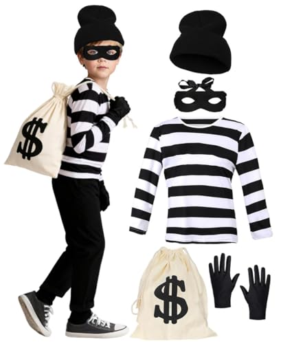Räuber Kostüm für Kinder Bankräuber Outfit mit Gestreiftes Oberteil Beanie Handschuhe Augenmaske Beuteltasche Kinderkostüm...