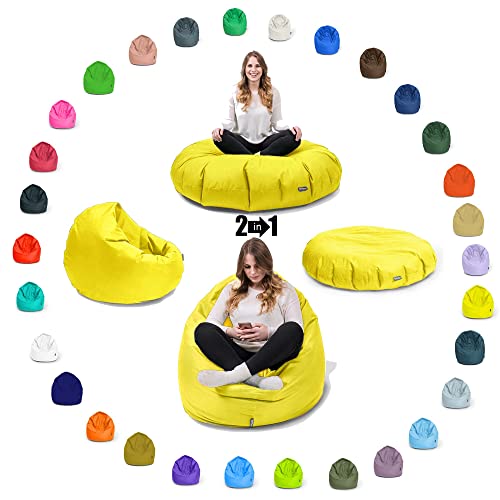 Sitzsack BuBiBag 2-in-1 Funktionen mit Füllung Sitzkissen Bodenkissen Kissen Sessel BeanBag (100 cm Durchmesser, gelb) - 2