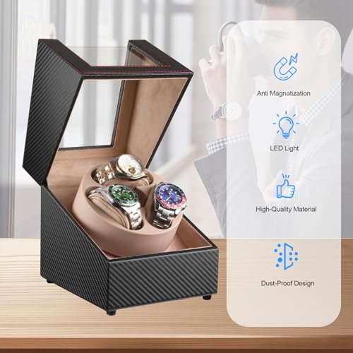 Image of J&T Technology Watch Winder for Automatic Watches,Automatic Watch Winder with LED Light,Rotating Watch Case with Japanese Quiet Motor,4 Rotation Modes,USB Type C
