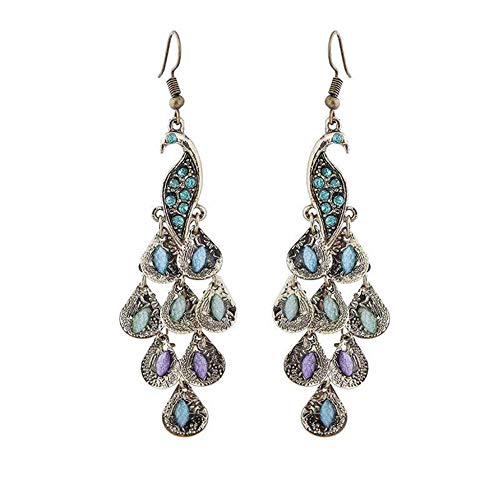 GBSTORE Gold Tone Vintage Peacock Blue Epoxy Crystal Feather Dangle Statement Earrings 1 Pair