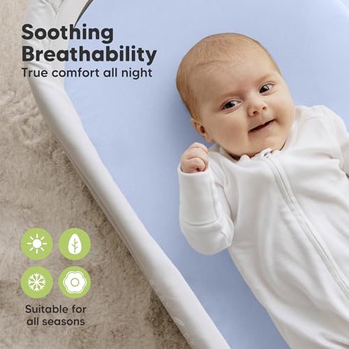 Image of 2pk Organic Baby Bassinet Sheets Boys, Girls, Fitted Sheet (Blue Flax) | 100% Cotton Bassinet Mattress Sheets, Compatible with Halo Bassinest Swivel Sleeper, Graco, Baby Delight, Universal Fitted