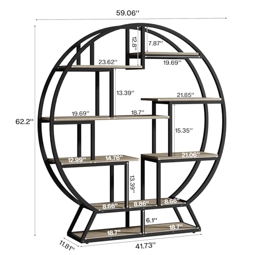 Image of Tribesigns Bookshelf, Round Bookshelves Etagere Bookcase, 63 Inch Industrial Wood Book Shelf with Staggered Shelves, Open Shelving Organizer Rack Display Shelf for Home Office, Living Room, Grey