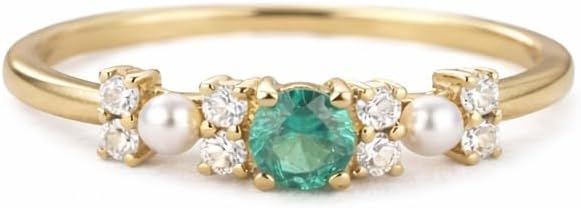 Round Cut Emarald & Pearl Promise Culster Ring For Woman Solid Yellow Gold Side CZ Daimond Wedding & Engagement Jewelry Gift For Her