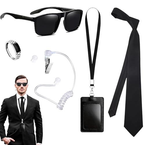 lomdung 5 Stück Agent Kostüm Zubehör Men in Black Kostüm Security Kostüms Geheimagent Kostüms mit Schwarzer Sonnenbrille Zip Krawatte Hörer ID Karte und Kartenhalter für Cosplay Party