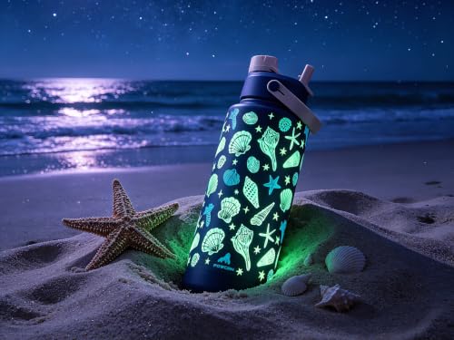 Image of POWCAN 40 oz Insulated Water Bottle with 2-in-1 Straw and Spout Lid, Glow-in-the-Dark, 24H Cold, Leakproof, BPA-Free, Double Wall Stainless Steel for Sports, Gym, Travel, and School (Seashell Coast)