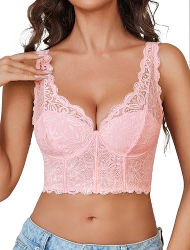 Brassière pour femme en dentelle avec armatures et col en V bustier push-up sans mousse
