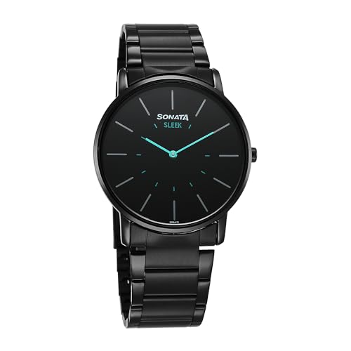 Sleek Quartz Analog Black Dial Black Stainless Steel Strap Watch for Men