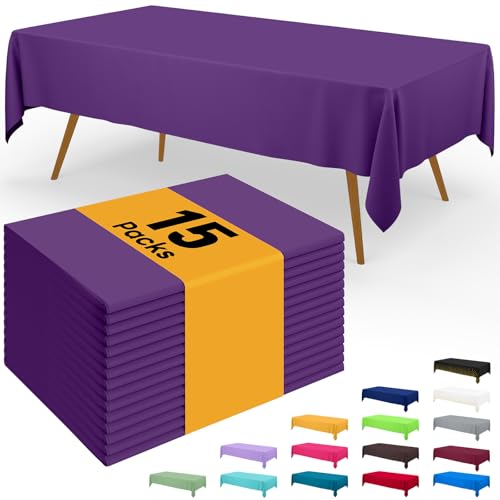 Image of Smiry Disposable Table Cloth - 15 Pack, 54 x 108 Inch Waterproof Rectangle Tablecloths for Parties, Decorative Plastic Table Cover, Leakproof & Sturdy, Purple