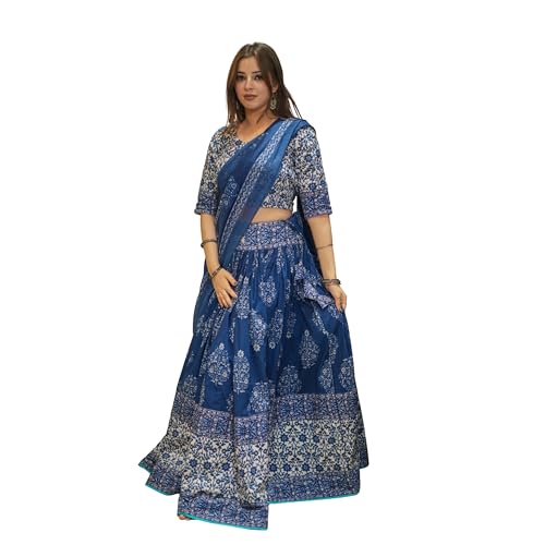 Women's Lehenga Choli Set, Dark Green Paisley Print, Cotton Blend...