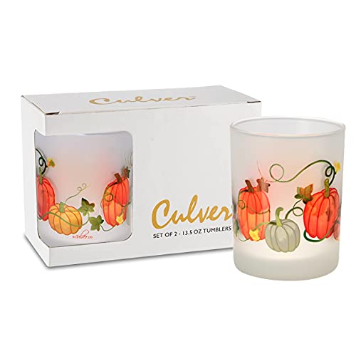 Culver Holiday Decorated Frosted Double Old Fashioned Tumbler Glasses, 13.5-Ounce, Gift Boxed Set of 2 (Harvest Pumpkins)