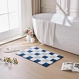 CozeCube Bath mats for Bathroom Non Slip, Fluffy Absorbent Microfiber Bath mat Washable, Aesthetic Bathroom Rugs, Small Navy Blue Checkered Bath mat, Navy Blue, 24' x 16'