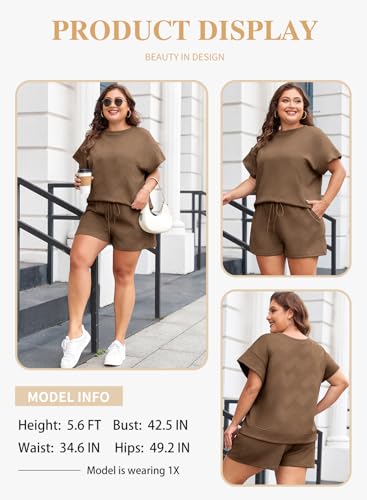 Image of Eytino Women Plus Size 2 Piece Outfits Sweatsuit Short Sleeve Pullover Tops and Drawstring Shorts Pants(1X-5X)