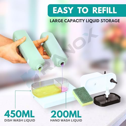 Image of Ranox Soap Dispenser for Kitchen Sink Accessories, Dish Wash Liquid Dispenser Pump 400ml with Sponge Holder, Bathroom Soap Dispensers, Kitchen Sink Organizer (Black (3 in 1))