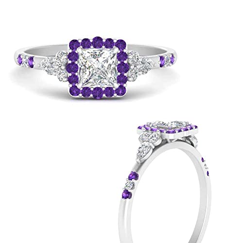 Image of Choose Your Color 925 Sterling Silver Princess Shape Petite Engagement Rings Halo Edwardian Engagement Ring Everyday Wedding Jewelry Handmade Gifts for Wife : US Size 4 to 12