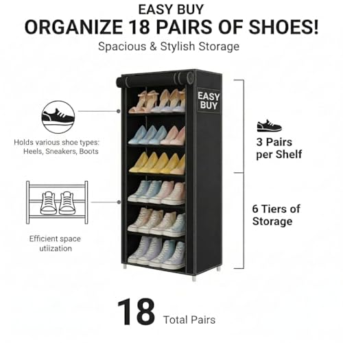 Image of EASY BUY Black Shoe Rack with Cover, Plastic Rack 6 Shelves with Zip Door Cover & Side Pocket | Dustproof Multiuse Storage Organizer for Footwear, Clothes, Toy, Shoe Rack Plastic, Slipper Stand
