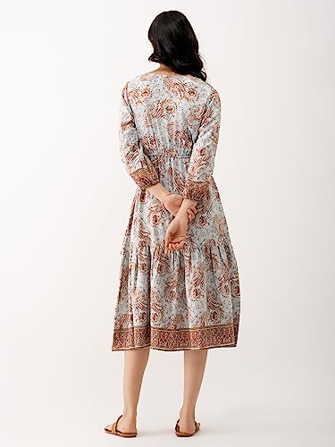 Image of AASK Abstract Printed Puff Sleeve Gathered Detailed Fit Flare Dress