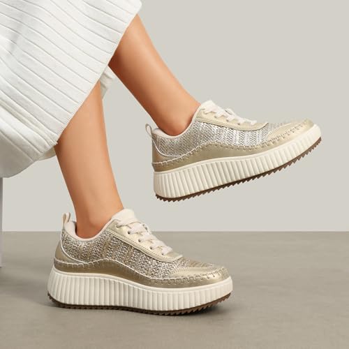 DREAM PAIRS Women Chunky City Tweed Comfortable Casual Platform Fashion Sneaker,Size 5,Gold,SDFN2379W