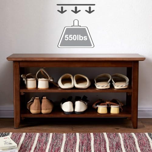 Image of Solid Wood Shoe Rack Bench | 3 Tier Shoe Storage Organizer for Entryway, Hallway & Living Room | Multipurpose Wooden Shoe Stand | Space Saving Footwear Rack for Home | Walnut Finish (60 CM)