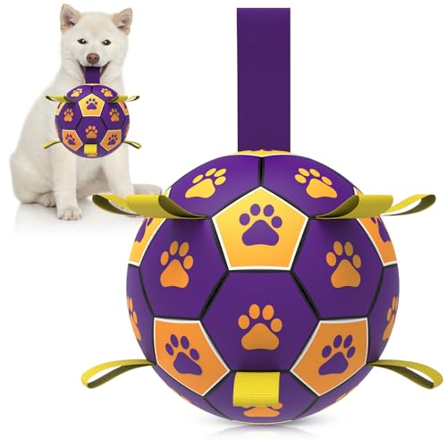 QDAN Dog Ropes Toys, Soccer Ball with Straps, Dogs Water Toy, Durable Dog Balls for Small Medium Breed（6 Inch） Purple Yellow 6 Inch