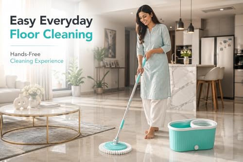 Image of 2-in-1 Bucket Spin Mop with 4 Wheels & Puller Handle | 360 Flexible Hands-Free Floor Cleaning System | Twin Wringer & Wash Bucket | 2 Microfiber Refills | Big Size Pocha Set | Aqua Blue