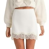 Neavuge Women Y2k Satin Silky Mini Skirt Solid Color Lace Trim Patchwork Low Rise Short Skirt Cute Retro Half Slip Underskirt (White, S)