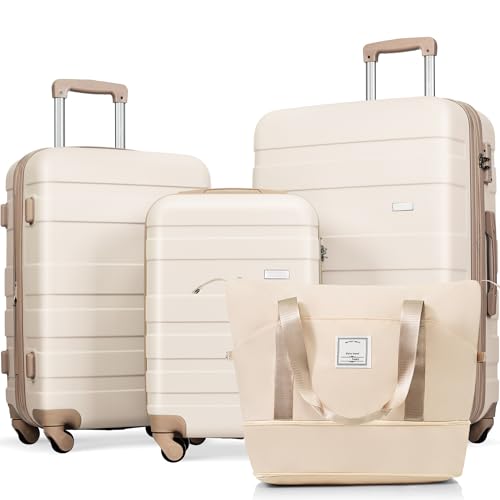 4-Piece Luggage Set - ABS Durable Suitcase with Travel Bag (Carry-On & Check-In Sizes) - 360° Spinner Wheels, TSA Lock, Lightweight Hardshell Luggage Set for Men & Women (Ivory+Golden)