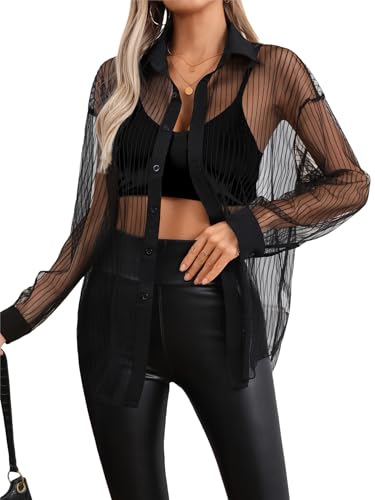 Milumia Women Striped Mesh Sheer Button Up Shirt Long Sleeve Drop Shoulder Blouse Top2