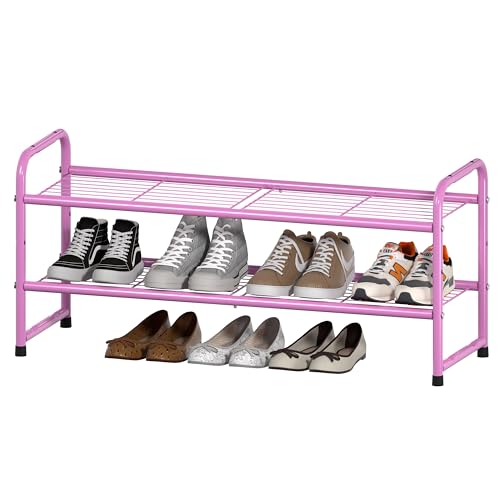 SUFAUY 2-Tier Stackable Shoe Rack, Shoe Shelf Storage Organizer for Entryway, Extra Large Capacity, Bedroom Footwear Organizer, Wire Grid,Pink