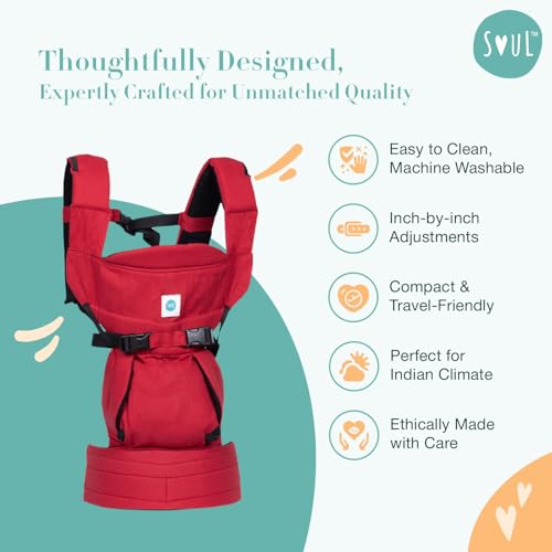 Image of SOULSLINGS 4-in-1 Lali Baby Carrier Bag- Ruby - Cotton | Compact & Lightweight (400g) | Adjustable for 0-24 Months (4-15kg) | Machine Washable & Handwashable | Breastfeeding Friendly