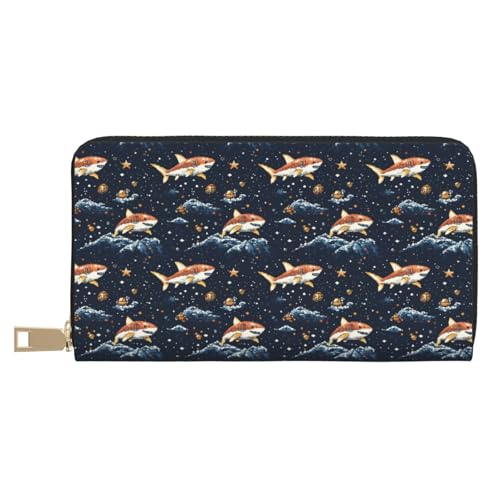 Leather Thin Slim Wallets for Women Men - Fashion Orange Cartoon Shark Print Card Wallet Holder with Zipper