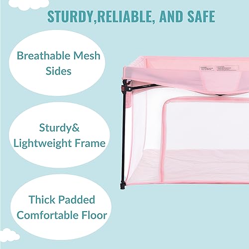 Image of Dream On Me Ziggy Playpen Only, Soft Base, Portable, 43.3in, Pink | Soft padded base, non-cross frame, foldable iron frame, 210D nylon, Ages 6-36mo, 30lbs, ASTM certified, Quick setup.