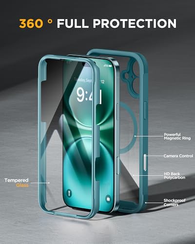 Image of Miracase Magnetic for iPhone 16 Plus Case Full-Body Phone with Built-in Glass Screen Protector, [Compatible with MagSafe] Military Drop Proof 16 Plus Cover Bumper 6.7 inch, Green