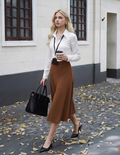 Image of Women's Business Casual Midi Skirt, High Waist Flowy Skirts with Pockets | Flowy, Work, Basic, Elegant, Teacher, Formal, Office, Funeral, Church, Fashion, Outfits, Clothing